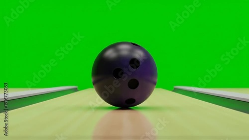 A shiny black bowling ball with four holes sits on a green lane with a green screen background