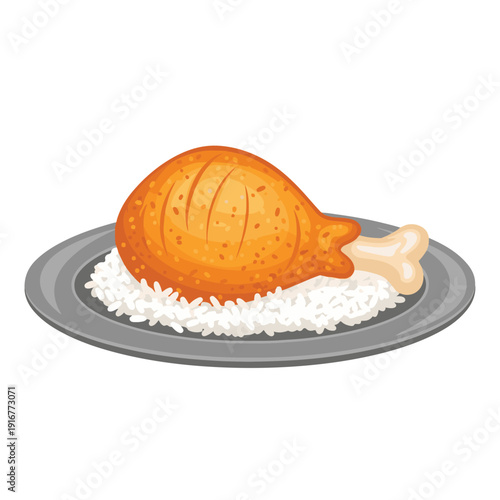 Fried chicken icon with white rice served on a plate in cartoon style and vector form. Lunch menu