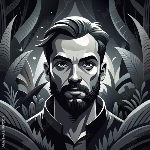 Dramatic monochrome portrait of a man with beard, surrounded by stylized foliage