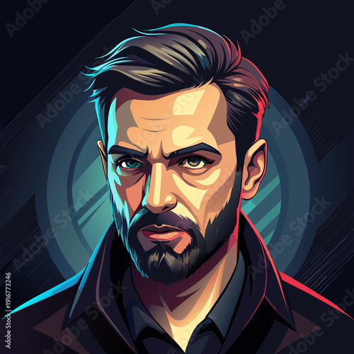 Modern graphic portrait of a serious man with beard, sharp features, and intense gaze, lit by dramatic neon lights.