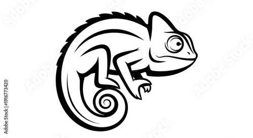 Black and white vector illustration of a chameleon on white background