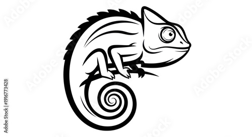 Black and white vector illustration of a chameleon perched on a branch