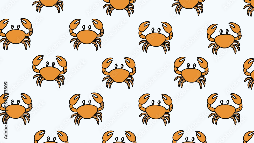 Obraz premium Seamless pattern with friendly orange crab characters repeat on a pale blue background perfect for marine themed children products.