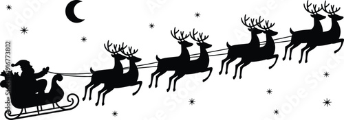 Christmas, Santa, sleigh, reindeer, holiday, festive, winter, night, stars, moon, gifts, silhouette, vector, illustration, folklore, decoration, seasonal, celebration, tradition, magical, sky