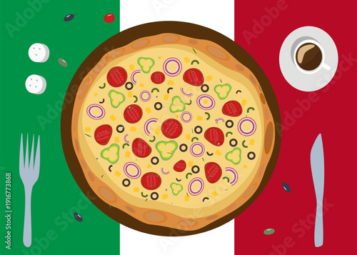 Delicious vegetarian pizza on the background of the Italian flag