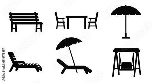 Beach furniture icons in black displaying a minimalist silhouette