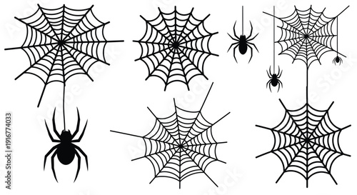 Halloween spiderwebs and spiders in a spooky black silhouette
