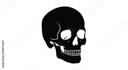 A stark black silhouette of a human skull facing forward silhouette