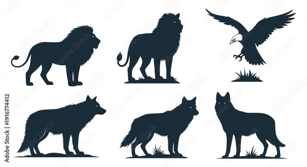 Fototapeta premium Collection of animal silhouettes including lions, wolves, and an eagle in various poses on a plain background from different viewpoints.