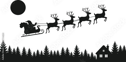 Christmas, Santa, sleigh, reindeer, moon, forest, pine, tree, house, holiday, winter, festive, silhouette, night, tradition, celebration, seasonal, magical, gift, snow, wonder