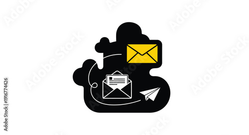 Communication icons with envelopes and a paper airplane silhouette