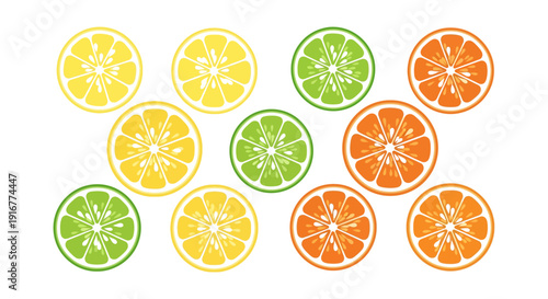 Vibrant citrus slices arranged in a circular pattern on a clean background viewed from directly above showcasing freshness and color diversity