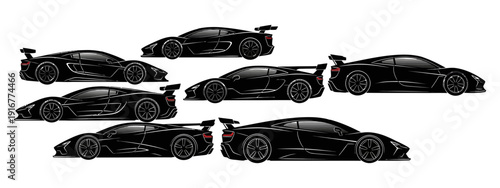 A collection of eight sleek black sports cars displayed in various poses and angles showcasing their designs and styles