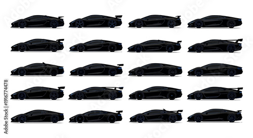 A collection of sixteen black cars arranged in a grid pattern, viewed from directly above, showcasing their sleek designs and uniform color.