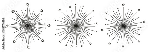 Three abstract starburst designs with radial lines and circular shapes, illustrating dynamic movement and energy in a minimalist style from a direct viewpoint.