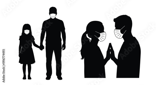 Family wearing masks demonstrating social distancing a stark silhouette