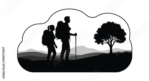 Family hiking with a scenic landscape backdrop silhouette