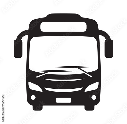 Front view of a bus with windshield and headlights on a white background