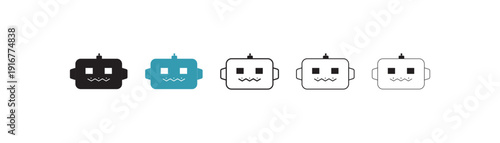 Robot Head Icon Set Vector Simple Thin Line Outline Design. Robot icons in black glyph and liner versions for design.  Simple thin line flat symbol