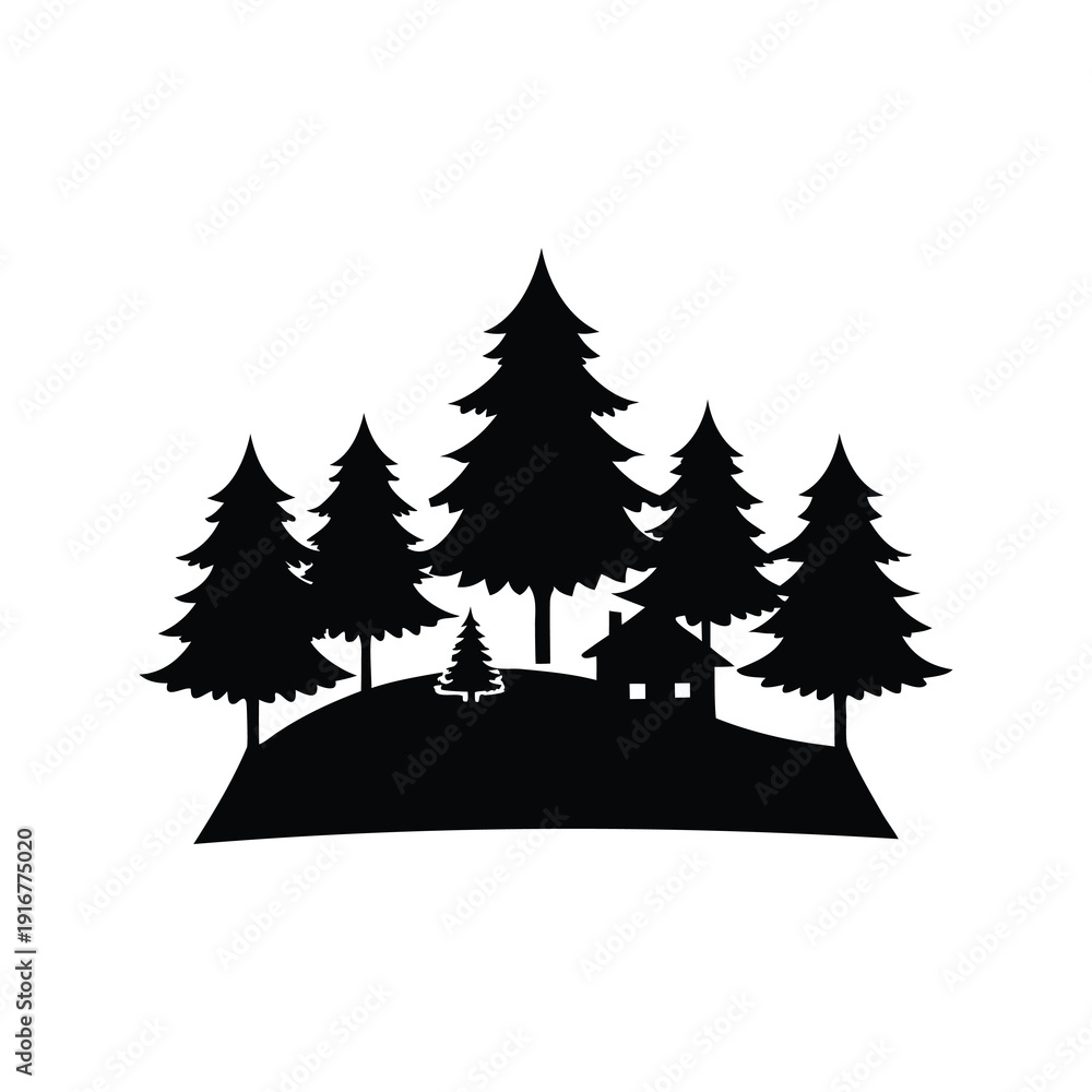 Obraz premium christmas tree farm silhouette vector illustration, Silhouette of serene forest with trees and cabin on hilltop, vector illustration