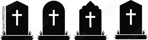 Tombstone Silhouette Collection with Cross Symbols Isolated on White Background for Halloween Cemetery and Memorial Design