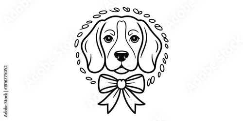 A black and white line art illustration of a beagle dog head surrounded by coffee beans and a bow.