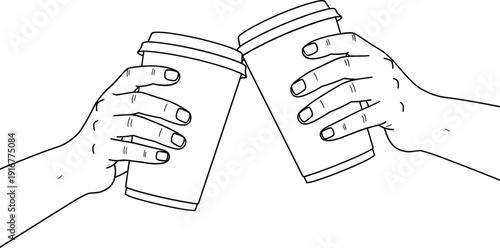 Vector line art of two hands toasting with disposable coffee cups for a morning coffee break