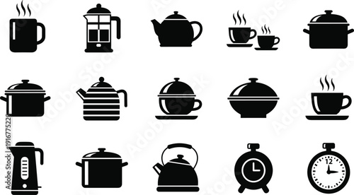 Black vector silhouette set of kitchenware icons including coffee mugs tea pots cooking pans kettle french press and kitchen timers for culinary and cafe branding