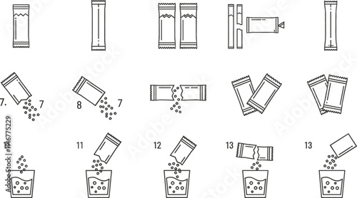 Vector line art icon set showing how to open and pour powder sachets into a glass