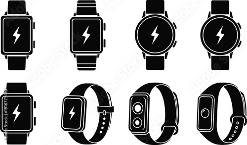 Black vector silhouette set of modern smartwatches and fitness trackers with charging lightning bolt icons for wearable technology health monitoring and digital lifestyle branding