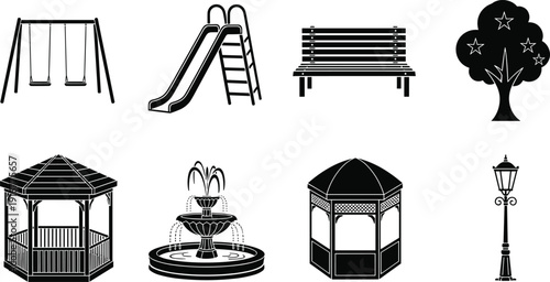 Black vector silhouette set of park furniture featuring a playground swing slide bench garden gazebo water fountain street lamp and tree for urban branding