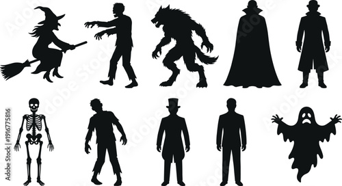 Halloween Horror Character Silhouettes Collection with Witch Zombie Werewolf Vampire Skeleton and Ghost Isolated on White Background