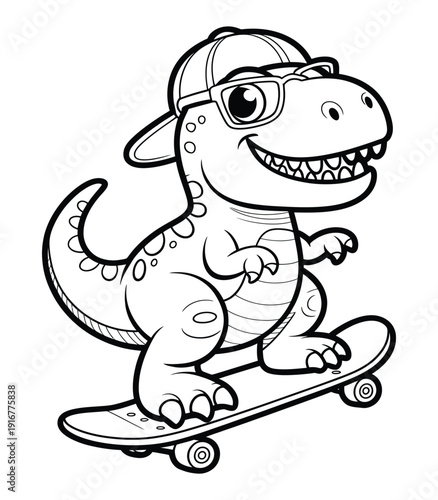 Funny t-rex dinosaur riding skateboard with glasses and backward cap vector illustration for children apparel and sticker art