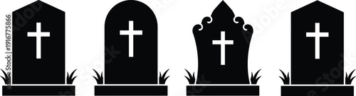 Gravestone Silhouette Set with Cross Symbols Isolated on White Background for Halloween Cemetery and Memorial Design