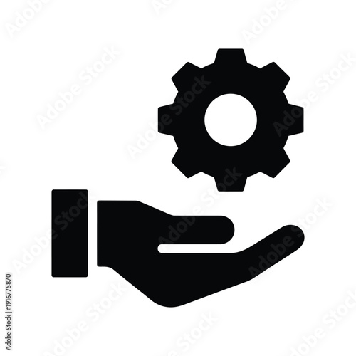 Hand holding gear icon isolated on transparent background, cogwheel setting in palm, service concept symbol