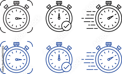 Collection of six stopwatch illustrations showing different timing and motion effects
