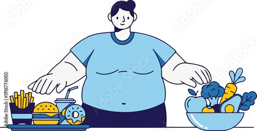 Person comparing fast food and fresh salad diet vector illustration