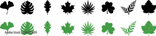 Collection of various black and green leaf silhouettes with different shapes and textures