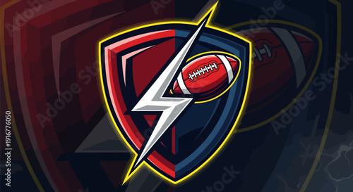 Dynamic American Football Shield Logo with Lightning Bolt.