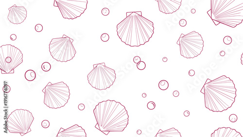 Seamless pattern of delicate pink seashells and bubbles scattered across a white background, creating a soft underwater nautical theme.
