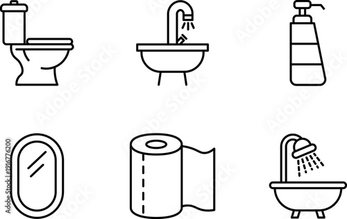 Collection of bathroom fixtures including toilet, sink, soap dispenser, mirror, toilet paper, and shower