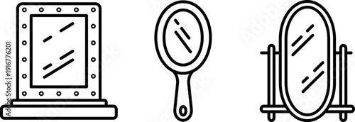 Collection of three different mirrors including a vanity mirror, handheld mirror, and wall mirror