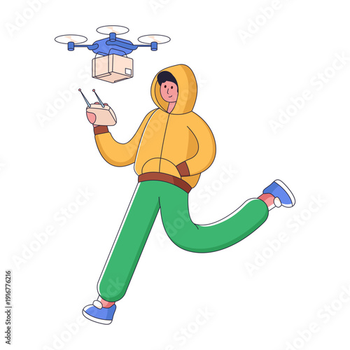Flat style illustration showing flying drone