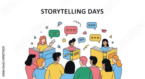 Diverse group of people sharing stories and reading books together