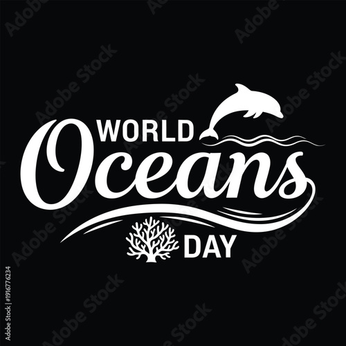 World Oceans Day logo with dolphin jumping out of waves and coral tree on black background