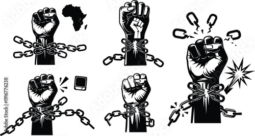 Black vector silhouette set of raised clenched fists breaking metal chains for social justice human rights freedom revolution liberation and anti-slavery branding design