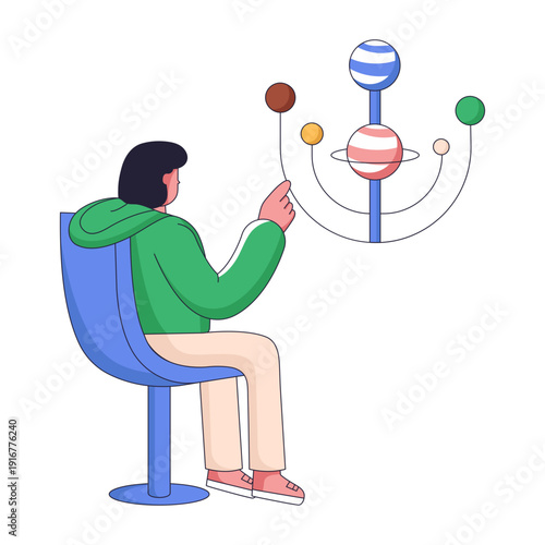 A flat illustration depicting a character doing space learning