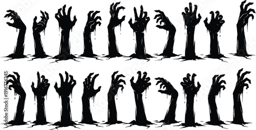 Creepy Zombie Hands Silhouette Set Emerging from Ground in Dark Horror Style Isolated on White Background