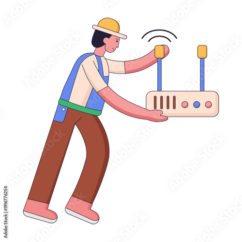 Flat illustration showing a person fixing router