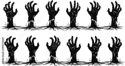 Creepy Zombie Hands Silhouette Set Emerging from Cracked Ground in Dark Horror Style Isolated on White Background